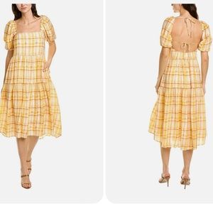 Astr Ilana Plaid Midi Dress Size L Puff Sleeve Tiered Tie Back Preppy Women